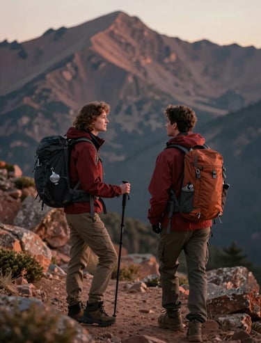 Candid shot of a couple hiking in the North American mountains. Soft morning light, cinematic atmosphere, authentic interaction, earth tones like Terracotta and Deep Red.