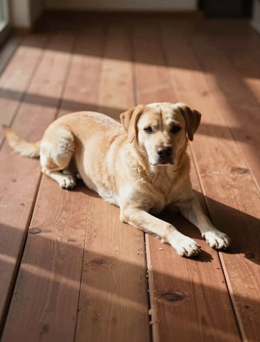 A cinematic shot of a family dog lying in a patch of sun on a wooden North American floor. Warm terracotta and soft sand tones create a peaceful, authentic vibe.