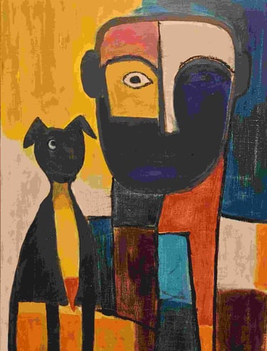 a painting of a man and a dog