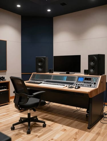 A wide shot of a modern mastering studio with high-end furniture and minimalist decor. The lighting is subtle, with dark navy walls and off-white accents. Southern European / Spanish professional design.