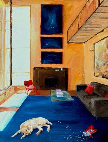 a dog laying on the floor in a living room