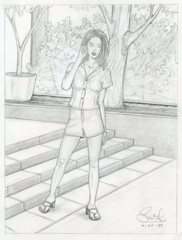 Stair Mistress; BW pencil drawing, woman with stairs