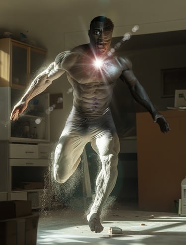 Man in a superhero moment of transformation.