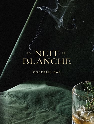 Nuit blanche restaurant bar à Paris, identité visuelle, déclinaison print, menu, invitation et flyer