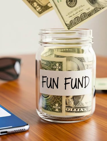 Mason jar labeled Fun Fund filled with cash next to phone showing automated twenty-five dollar savings transfer.