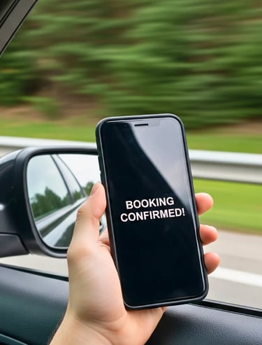 Hand holding phone with booking confirmation notification inside a car with scenic travel background.