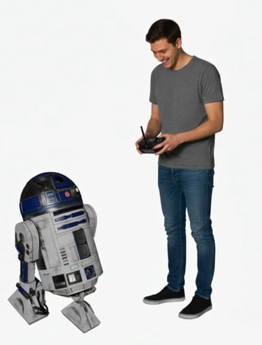 Man controlling a life-sized remote-controlled R2-D2 droid from Disney's Galaxy's Edge Droid Depot.