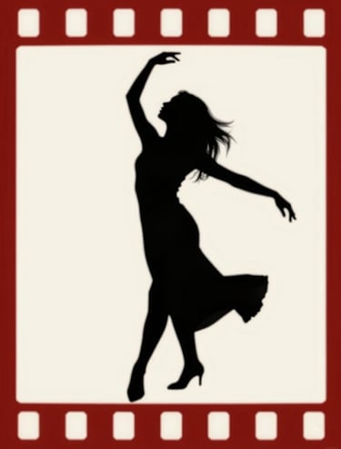 Graphic silhouette of a woman dancing, black #1A1A1A on off-white #FDFDF5, framed by a thick red #D4202B border like a film frame, grainy texture.