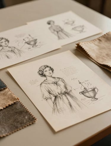 Archival, slightly warm-toned photo of classic design sketches and fabric samples spread across an elegant beige desk. Nostalgic, poetic memory of craftsmanship.