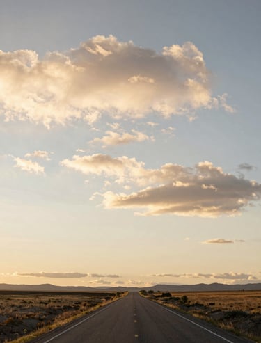 A vast North American / US landscape at sunrise, soft cream parchment clouds, a single road leading to the horizon, artistic storytelling mood.