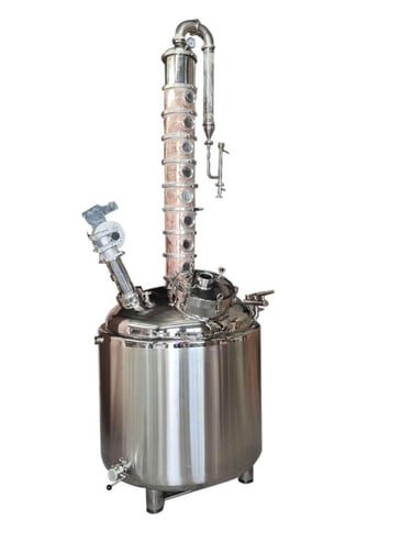 Industrial stainless steel still with copper bubble plate column for professional distillery equipment.