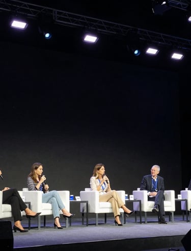 A wide angle photograph of a keynote panel at a high-end technology conference in Latin America, with a female expert answering questions under pristine stage lights.