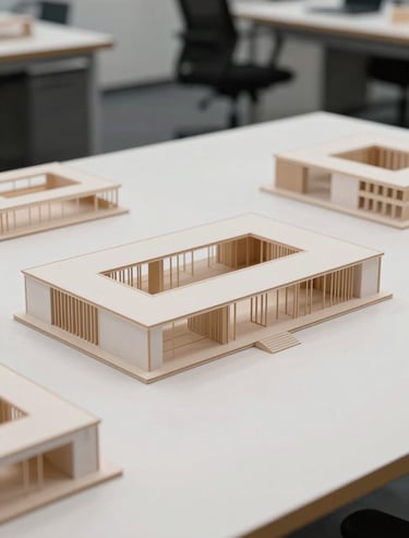 A photograph of an architectural model on a Ghost White surface in a North American / US architectural firm, showcasing the intersection of physical and digital creation with professional lighting.