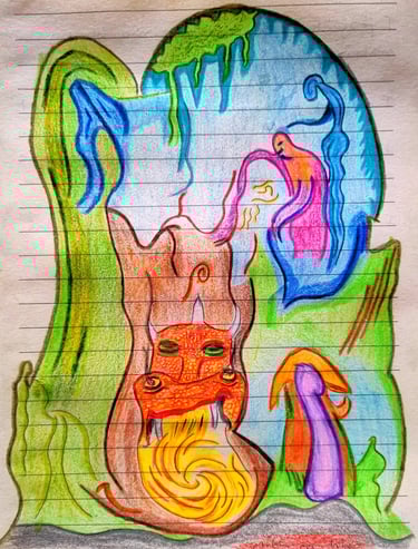 color pensil on paper, dragon in its cave, two spirits above