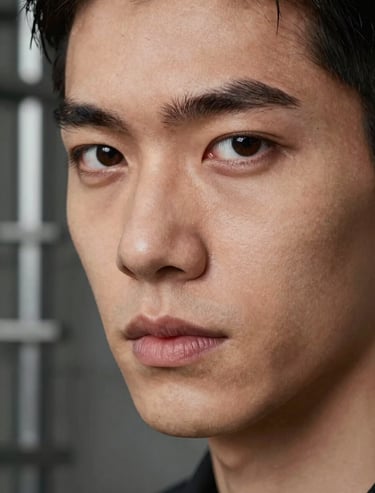 Male model face detail in high definition, focused gaze, industrial background blur, metallic tones.