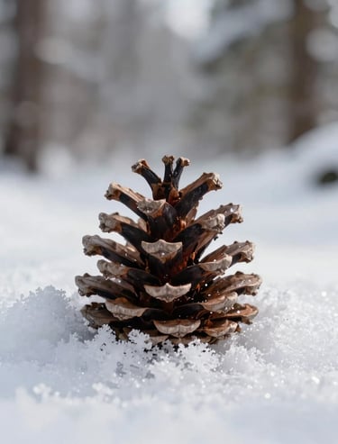 A close-up photograph of a pinecone resting on fresh white snow, sharp detail against a soft-focus forest background, North American winter scene.