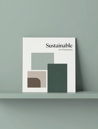 An image of a curated set of sustainable art publications displayed on a minimalist shelf of #AEC5BE sage green. The composition is clean, balanced, and sophisticated.