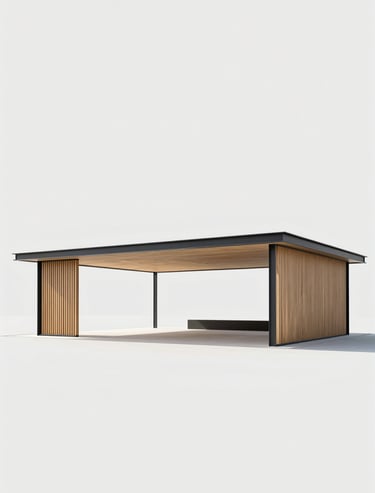An architectural mock-up of a modern pavilion, rendered with professional precision. The structure uses light wood and dark metal #1C2826. Set against a minimalist #F0F4F4 background.