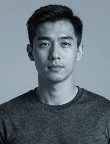 Clean, minimalist portrait of a man with tech-wear details, lighting creating a blue tint #98C1D9, premium studio quality produced by AI.