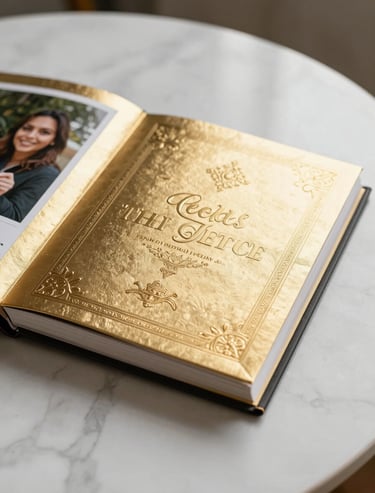 Premium product photography of a custom-made gold-embossed photo album on a white marble surface, luxury lighting.