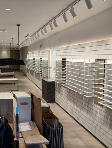 Reforma y montaje de óptica moderna por MSDecop. Diseño interior y mobiliario en instalación.