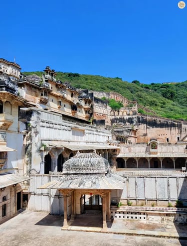 View of Garh Palace Bundi from the Badal Mahal terrace, showcasing its grand layered architecture and royal charm.
