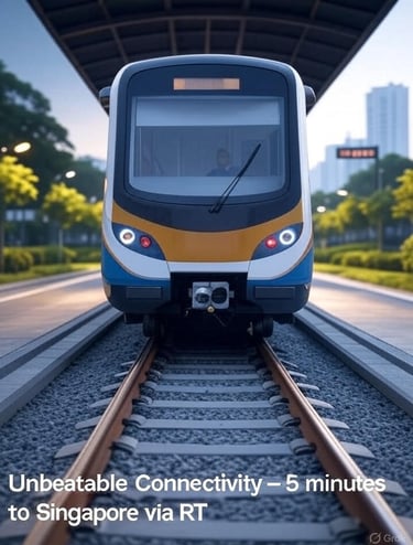 Modern train at a station with the text Unbeatable Connectivity – 5 minutes to Singapore via RTS.