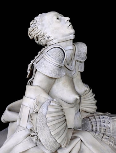 Ceramic sculpture of fallen nude woman in samurai skirt, shoulder armor and neck brace pleading upward; closeup right side..