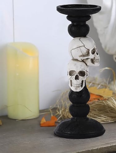 Gothic skull pillar candle holder for 3-inch candles, Halloween candlestick with antique bone finish