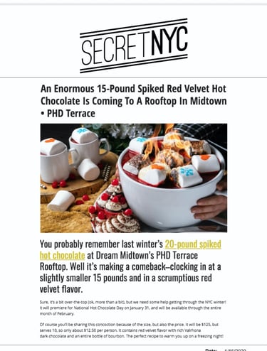 a flaming 15 lb red velvet hot chocolate made by Paola Marocchi pastry chef 