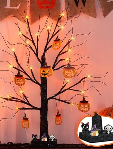EAMBRITE 2-foot black Halloween tabletop tree with 24 LED orange lights and hanging pumpkins 