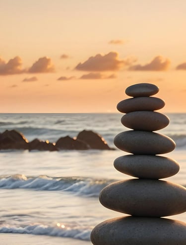 Cairn stones at sunset for Carl Rogers quote, a metaphor for change and self acceptance. Braver Days