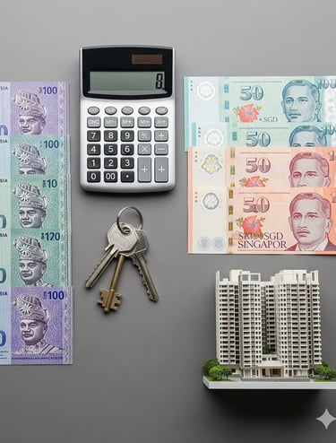 Malaysian Ringgit, Singapore Dollars, a calculator, house keys, and a property model, symbolizing cross-border investment