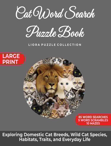 Cat Word Search Puzzle Book cover featuring cats and a lion.