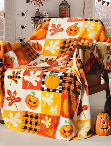 ROMROL Halloween fleece throw blanket with pumpkin and fall leaves plaid design, soft and cozy 