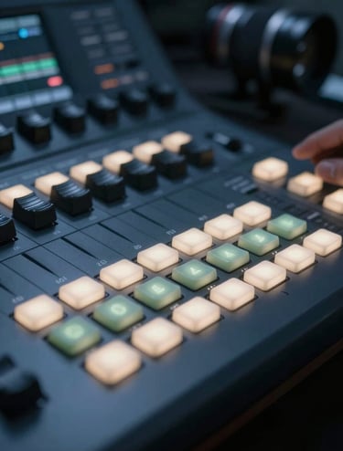A close-up photograph of a professional color grading console in a dark studio. The soft light of the glowing buttons in muted sage and soft off-white reflects on the metallic surface. The background is a dark slate blue, emphasizing a high-end creative workspace.
