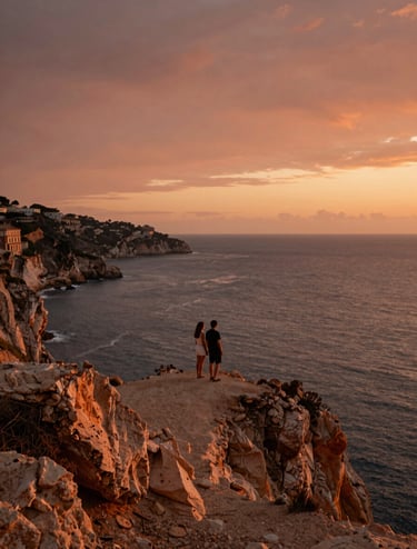 A cinematic wide-angle shot of a couple standing on a cliffside overlooking the Mediterranean sea at sunset. The atmosphere is warm and welcoming, with soft sand colored rocks and deep terracotta sky tones. Southern European / Italian landscape.