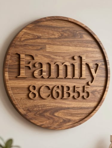 A close-up of a beautifully finished circular wood sign featuring a family name in raised 3D laser-cut letters. The wood has a warm #8C6B5E stain, and the lighting is soft and natural, emphasizing the grain and professional finish.
