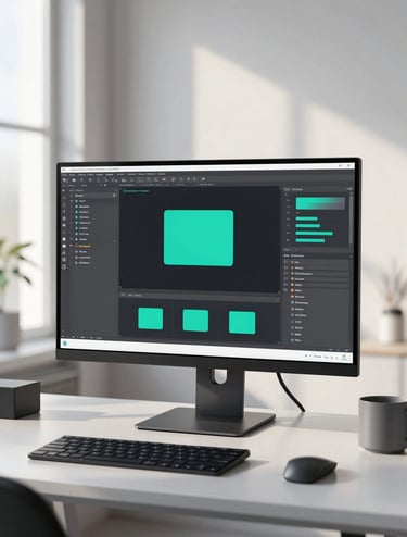 A minimalist studio shot of a high-end computer monitor displaying a sophisticated UI design project with teal accents. The environment is a clean, modern home office of a Global / Digital Professional, with soft morning light.