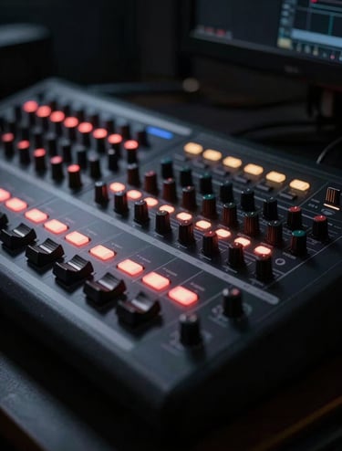 Close-up photography of a professional video editing console in a dark studio. Glowing control knobs and a backlit keyboard cast soft venetian red light on the surfaces. Deep black shadows surround the gear, cinematic shallow depth of field.