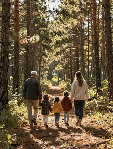 Wide cinematic shot of a family walking away through a North American pine forest, sunlight filtering through trees. Warm, sun-kissed atmosphere, lifestyle photography style, authentic and deeply personal mood.