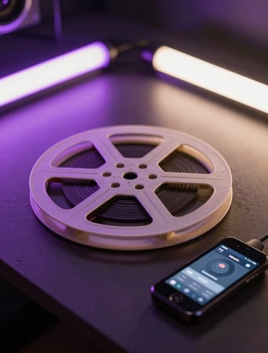 A close-up photograph of a vintage film reel and a modern digital media controller on a dark desk, illuminated by sharp light purple and off-white neon light, North American studio setting, edgy and professional atmosphere.