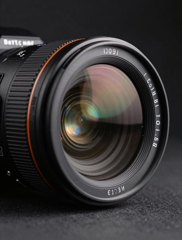 Close-up macro photography of a high-end camera lens capturing light flares in a dark studio, sophisticated lighting with a subtle orange accent, Australian / Sydney creative agency workspace context, professional creative excellence.