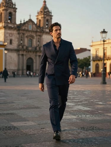 A wide cinematic shot of a male singer walking through a historic and sun-drenched plaza in a Latin American city during the golden hour. He is wearing a modern outfit in deep midnight navy. The atmosphere is captivating and sophisticated, like a still from a high-quality music video.