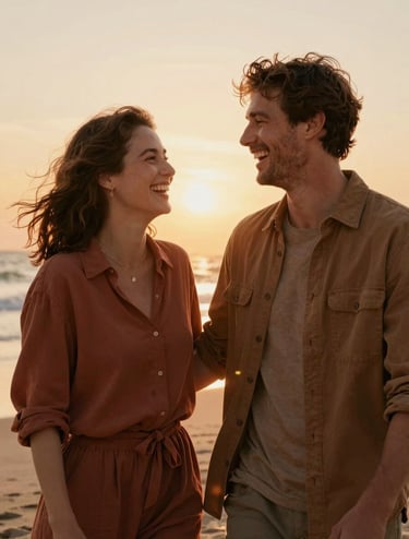 A medium shot of a man and woman laughing together on a beach. The sun is setting behind them, creating a warm sun-drenched halo effect. Their clothing is in natural tones like terracotta and warm brown.