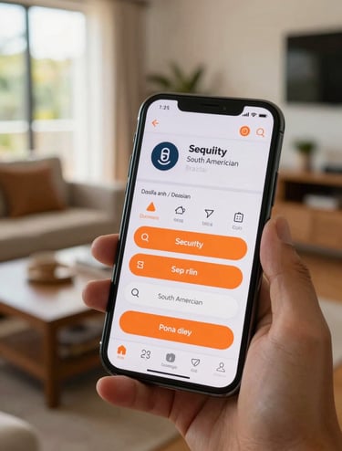 A handheld shot of a smartphone screen showing a modern security app interface with orange buttons, being used in a sunny South American / Brazilian home living room. The style is lifestyle photography, spontaneous and authentic.