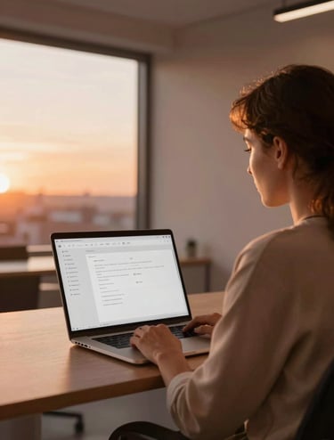 A professional in a modern International / Western office, seen from behind, looking at a minimalist laptop screen displaying a clean interface. The room is flooded with warm sunset terracotta light coming through a large window.