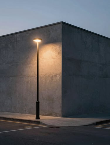 A cinematic, wide-angle shot of a minimalist urban corner at twilight. A single street lamp casts a warm glow against a concrete wall. The atmosphere is sophisticated and quiet, utilizing the #3A3F3B and #C1C4BF palette to create depth and a professional mood.