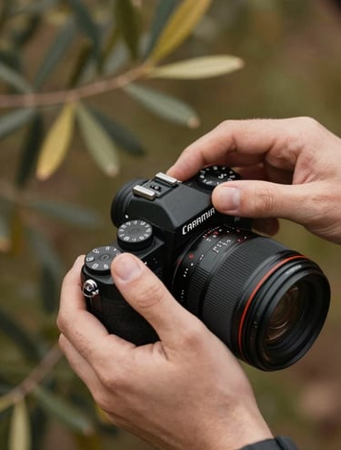 A sharp, artistic shot of a North American / US photographer's hands adjusting a camera dial. The background features Warm Olive foliage and soft bokeh, creating a professional and artistic atmosphere.