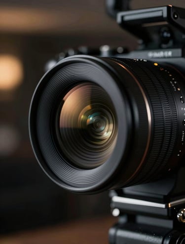 A close-up shot of a high-end cinema camera lens reflecting the soft golden lights of a luxury interior. The lighting is moody and dramatic with deep #0A0A0A shadows and sharp #95A5A6 metallic highlights. Minimalist, premium cinematic gear aesthetic.